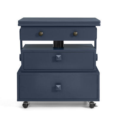 Sterling High-Gloss Lacquered Adjustable Height Rolling End Table with Charging Station, Lift Top Table & Drawers