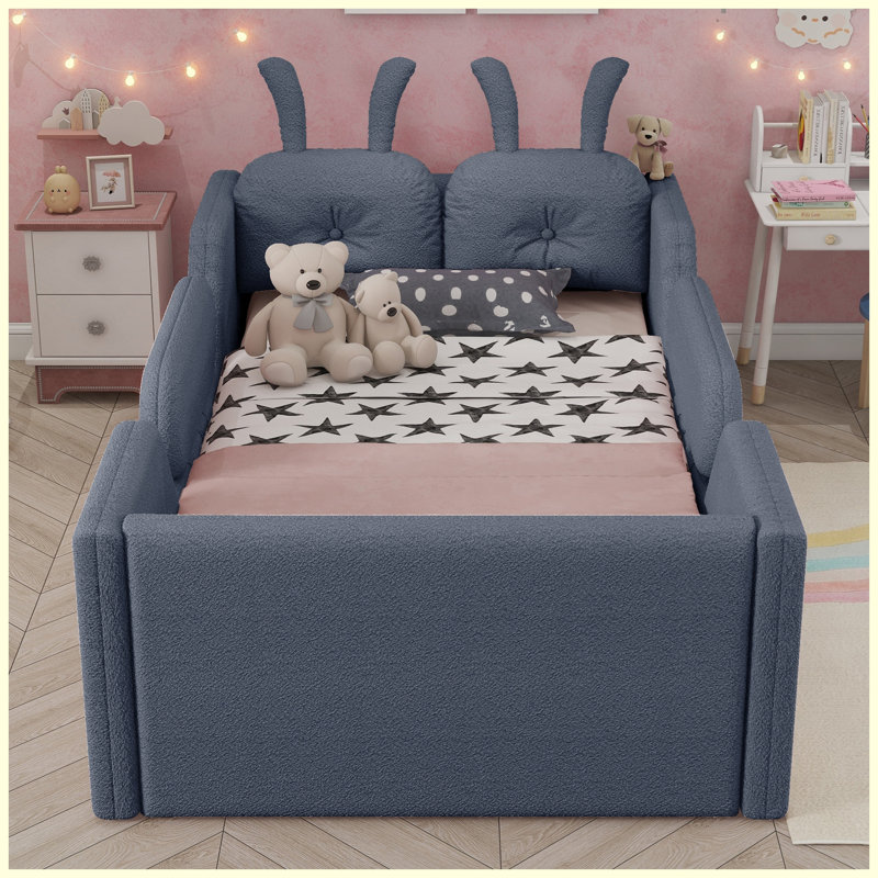 Lit plateforme simple tapissier gris pour enfant avec coussin en lapin et rails latéraux amovibles, Grey