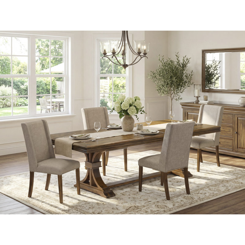 L'ensemble de salle à manger 5 pièces se compose d'une table en bois et de 4 chaises rembourrées en tissu de lin brun clair avec dossier rembourré - finition noyer antique.
