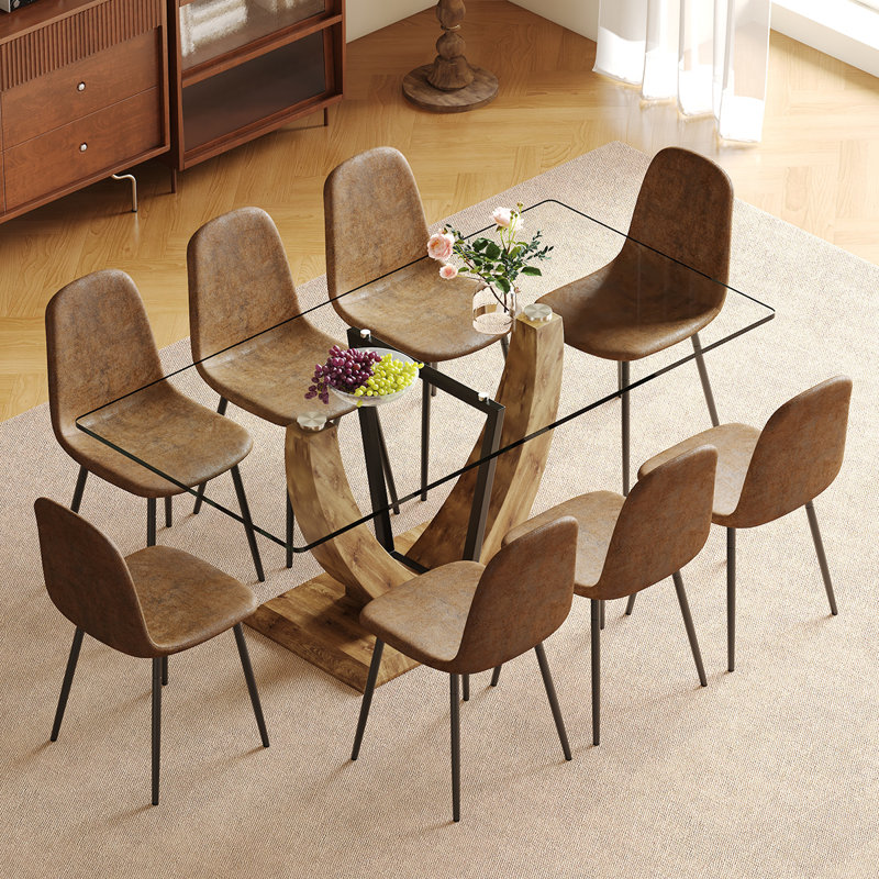 Ensemble de table à manger moderne 9 pièces, table en verre 71 po avec 8 chaises rembourrées, mobilier de cuisine rectangulaire pour économiser de l'espace