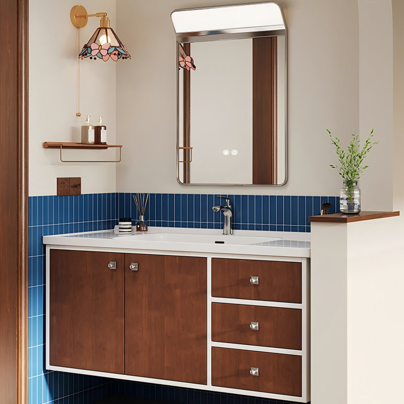 Meuble-lavabo de salle de bain en bois d'hévéa de style Mid-Century avec miroir intelligent, 19.69" H x 39.76" W x 19.69" D