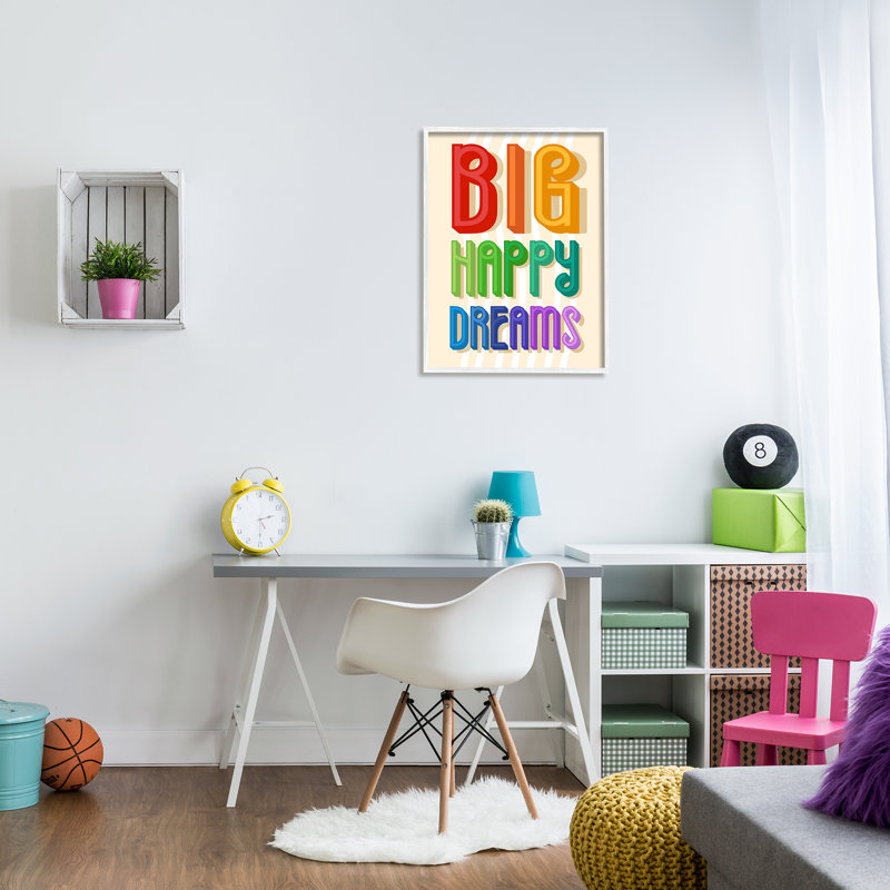 Polices arc-en-ciel rétro Big Happy Dreams Encouragement, Giclée encadrée blanc bord de mer, H 30 po x l 24 po
