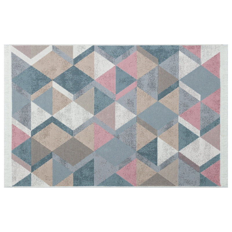 Tapis géométrique rectangulaire tissé à plat en coton rose / beige / gris Sivert, Rectangle 2 pi 7 po x 4 pi 11 po