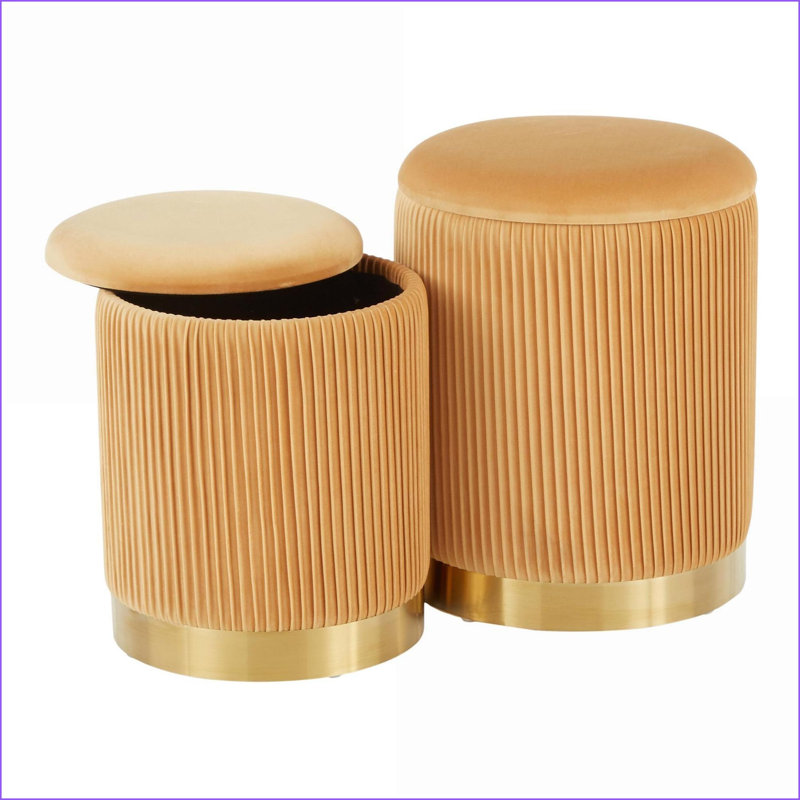 Ottomans, 2-Piece Nesting Set with Pleated Orange Velvet  Metal Base | Metal, Orange