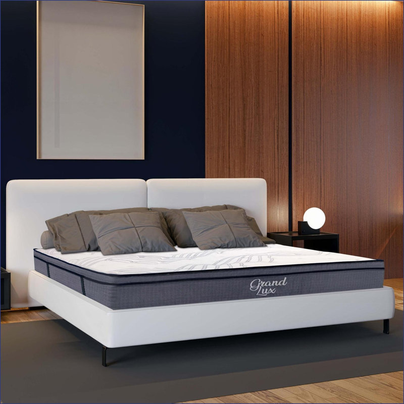 Matelas, matelas à ressorts ensachés très moelleux de 14 po, housse en tricot de polyester doux | Blanc / gris | Polyester