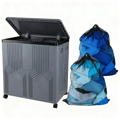 Grand panier à linge double avec roulettes 130 L, panier à linge roulant en plastique avec couvercle et sac amovible, panier à linge pliable avec 2 sections (gris)