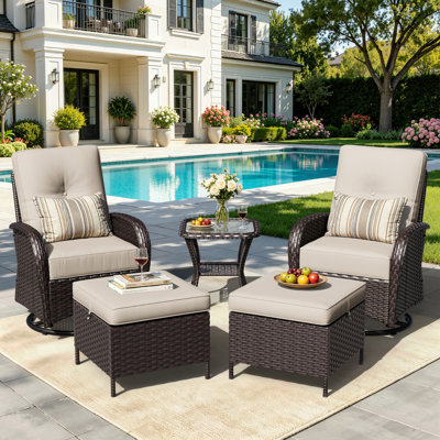 Holoman 5-Piece Outdoor Swivel Rattan Patio Set With Side Table & Storage Ottoman, Wicker Recliner Chairs With Cushions