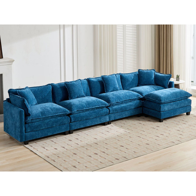 Canapé modulaire en L surdimensionné avec repose-pieds Schmucker, Chenille bleu, H 33 po x l 149,6 po x P 35 po
