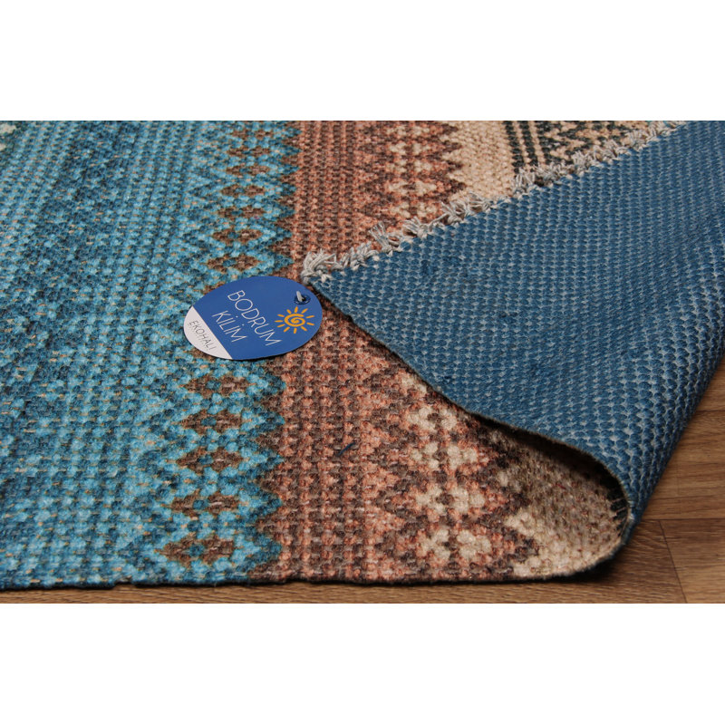 Tapis rectangulaire rectangulaire en polyester tissé à la machine en bleu / brun, Rectangle 4 pi 11 po x 7 pi 7 po