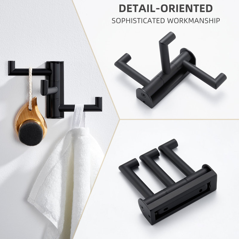 Wall Mounted Stainless Steel Triple Swivel  Towel Hook, Matte Black