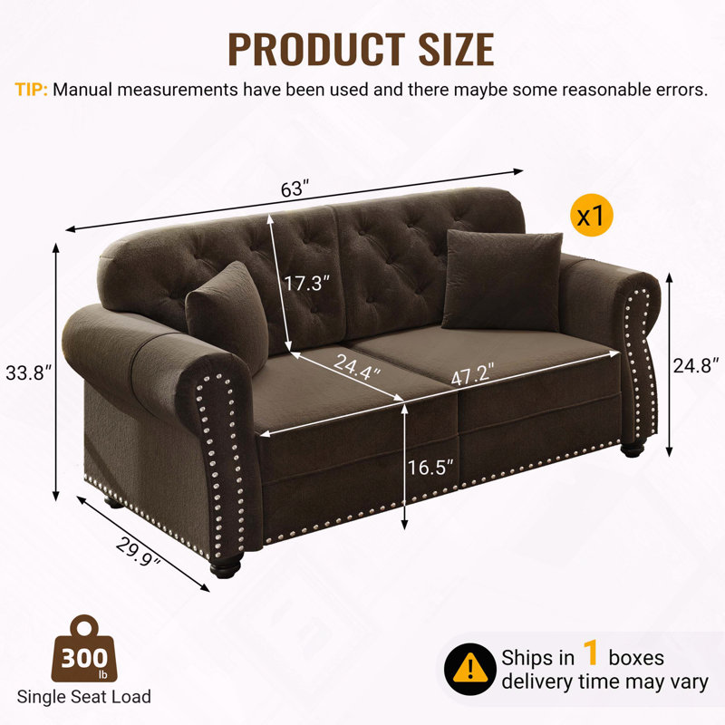 Velours Chesterfield canapé garniture cloutée capitonnée, Brun
