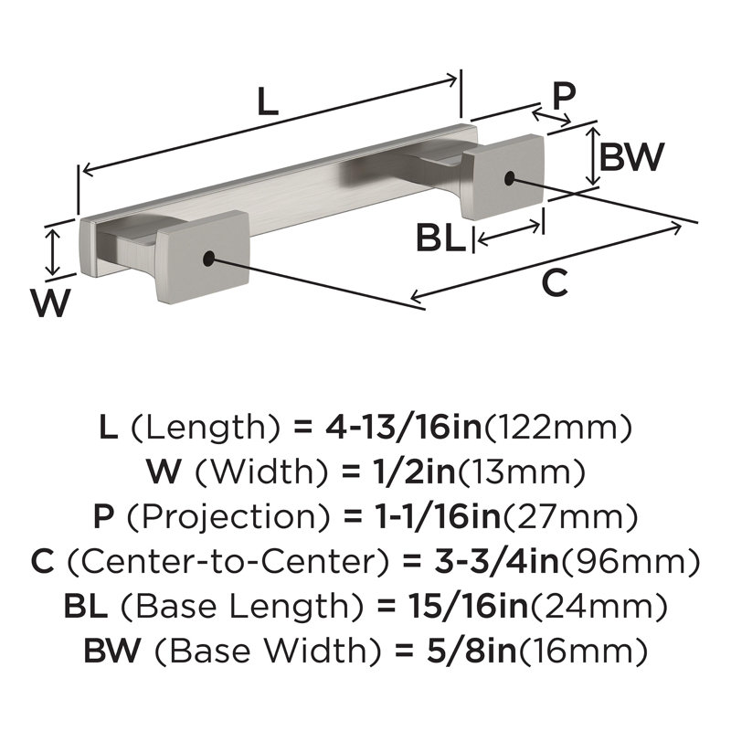 Poignée d'armoire Triomphe 3-3 / 4 pouces (96mm) centre à centre en nickel satiné - paquet de 10, Nickel satiné