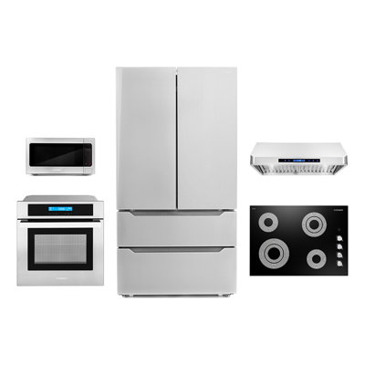 5 Piece Kitchen Package With 30"" Freestanding Gas Range 30"" Under Cabinet Range Hood 24"" Built-in Fully Integrated Dishwasher French Door Refrigerator -  Cosmo, COS-5PKG-1151