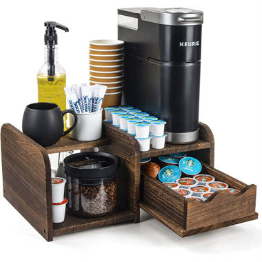 Coffee Pod Drawer, Rustic Coffee Mug Holder Stand, 35 Capsule Capacity, Coffee Station Organizer with Mug Hooks, 2 Tier Countertop Mug Tree Holder Rac