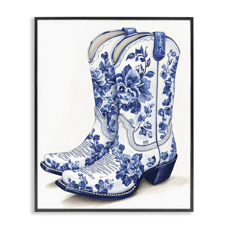 Blue Chinoiserie Cowboy Boots Framed Giclee, design by Heidi Kuntz, 14" H x 11" W, Midnight Black Framed Giclee