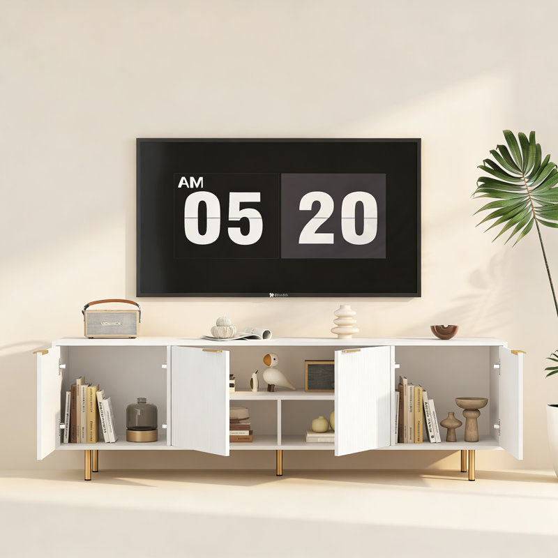 White Modern TV Stand Fluted 68" t, Entertainment Center with Storage Doors, TV Console Media Cabinet,  for 55+ Inch TV, Living Room