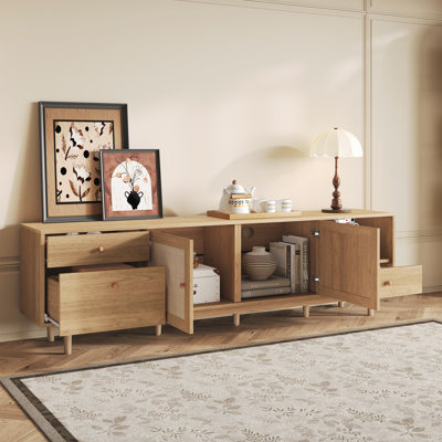 Meuble télé pour téléviseur 65, 75, 85 pouces Boho, meuble télé avec rangement ouvert et tiroirs, meuble télé moderne en bois avec rotin véritable