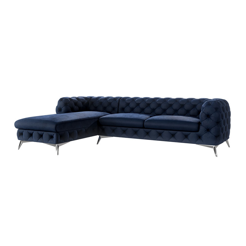 Chesterfield Corner Chaise Sofa  with Silver Metal Legs, Left Hand Facing, Navy Blue