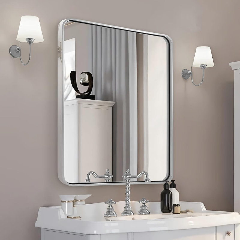 Miroir de salle de bain rectangulaire contemporain | Cadre épais en acier inoxydable, Chrome poli, 36 po x 30 po