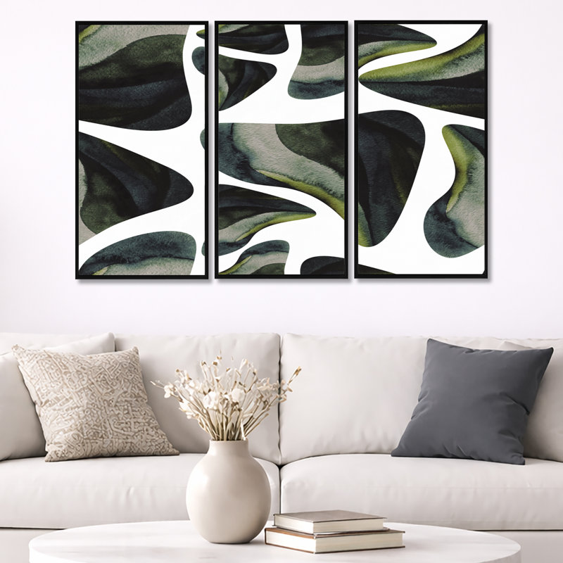 Abstrait éléments vert foncé III - ensemble d'art mural moderne sur toile encadrée 3, H 28 po x l 36 po