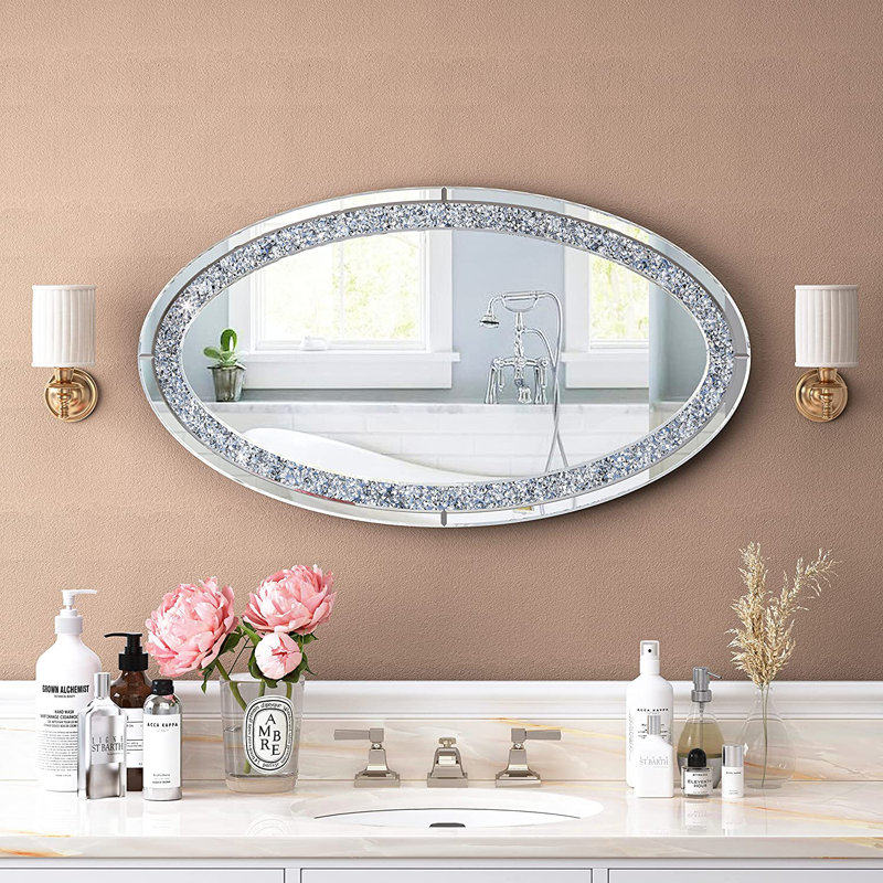 Banff Large Oval Flat Wall Mirror Diamond Accent Mirror 90CM 