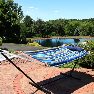 2-Person Polyester Rope Hammock and stand set with Removable Quilted Pad and Pillow