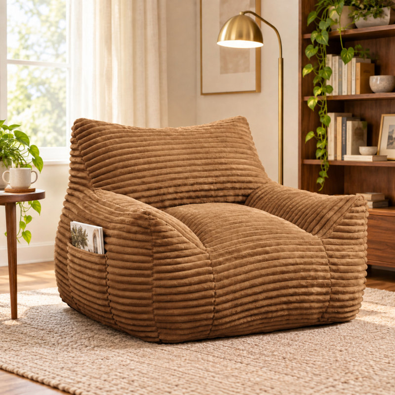 Grand fauteuil à billes et chaise longue en velours côtelé, Velours côtelé brun