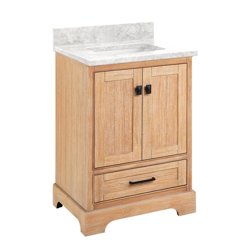 Quen 24" Freestanding Single Basin Vanity Set with Cabinet, Vanity Top, Driftwood Brown, Carrara Marble, No Faucet Holes