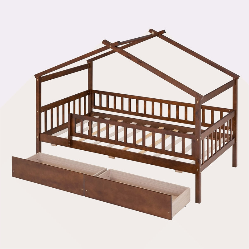 Lit simple en bois avec deux tiroirs, Noyer