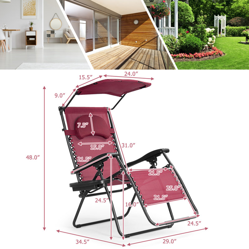 Outdoor Folding Recliner Lounge Chair with Shade Canopy And Cup Holder, Red