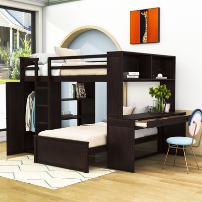 Hockaday Full Over Twin Size Wood Bunk Bed with Shelves,Desk and Wardrobe -  Harriet Bee, 16913D1F78434655BD367F949F30AC67