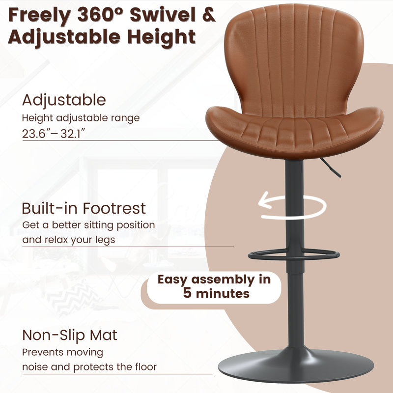 Bar Stools Set of 2,Adjustable Swivel Counter Height Bar Stools with Back & Footrest,Modern Design Bar Chairs,Faux Leather Upholstered Barstools for Bar,Kitchen