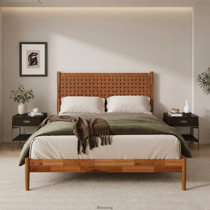 Lit plateforme Queen en bois d'acacia massif, tête de lit en cuir végétalien tissé à la main, cadre de lit de style moderne du milieu du siècle, sommier non requis, caramel