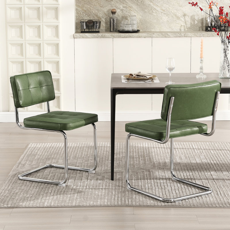 Aveon 49cm H Mid-Century Modern Tufted Faux Leather Side Dining Chair with Steel Frame(Set of 2), Green