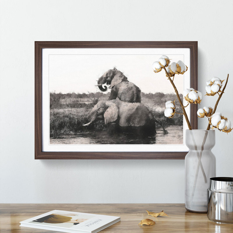 Two Elephants - Picture Frame Graphic Art Print, 62cm H x 87cm W x 2cm D, Walnut Framed
