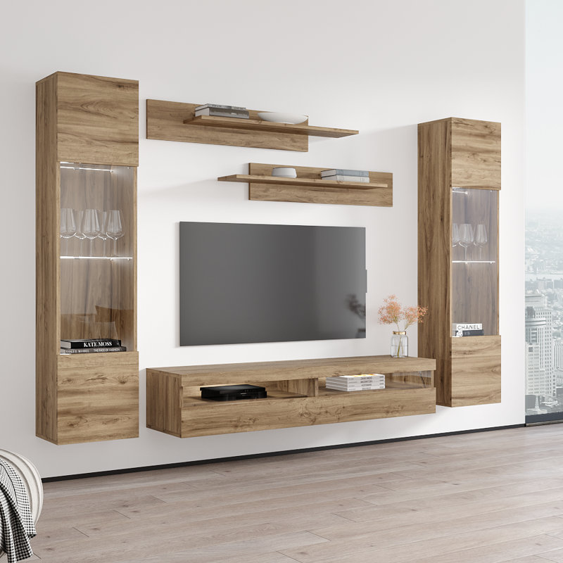 100" Modern Floating Wall Mounted Entertainment Center with 16-Color LED Lighting, High Gloss Finish, Oak