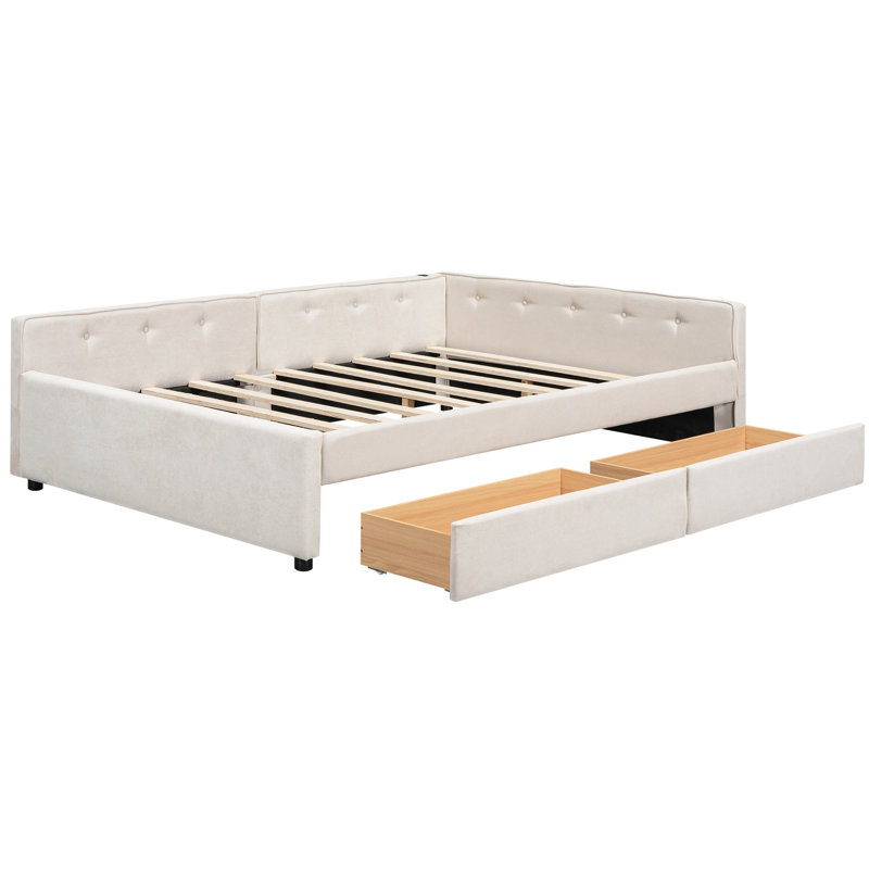Lit plateforme double avec 2 tiroirs, bois beige, revêtement en lin, sans sommier, addition unique pour la chambre à coucher, rangement rembourré et tiroir, luxe