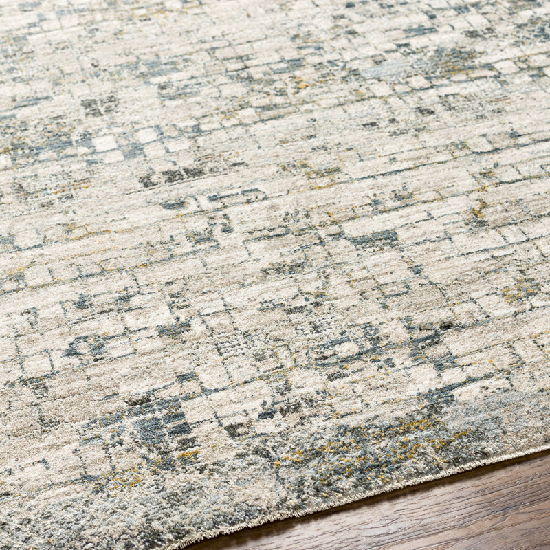 Tapis abstrait en polyester tissé à la machine abstrait bleu sarcelle / olive / beige, Rectangle 2 pi 7 po x 4 pi