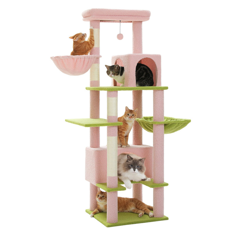 66" Pink and Green Sisal Cat Tower with Hammock