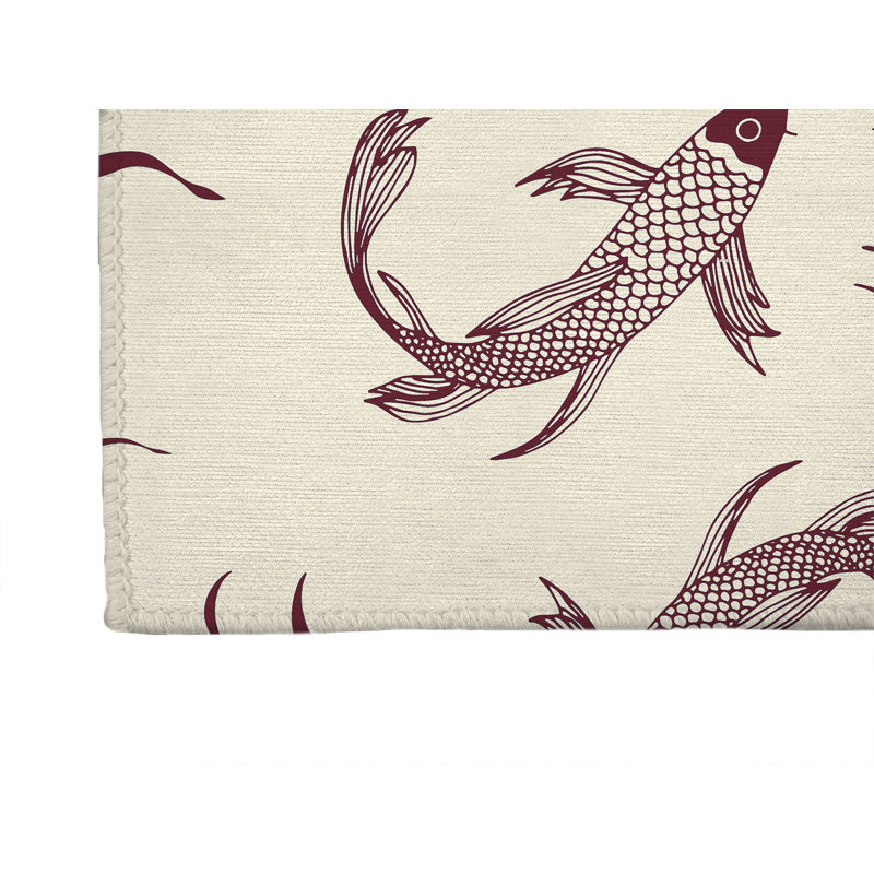 Tapis d'entrée intérieur ultra fin, léger et antidérapant à motif de carpes koï, Vin, L 36 po x L 60 po