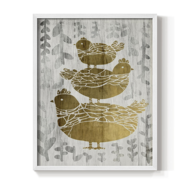Three French Hens - Gold Leaf Holiday, reproduction encadrée - bois massif, H 15 po x l 12 po, Blanc