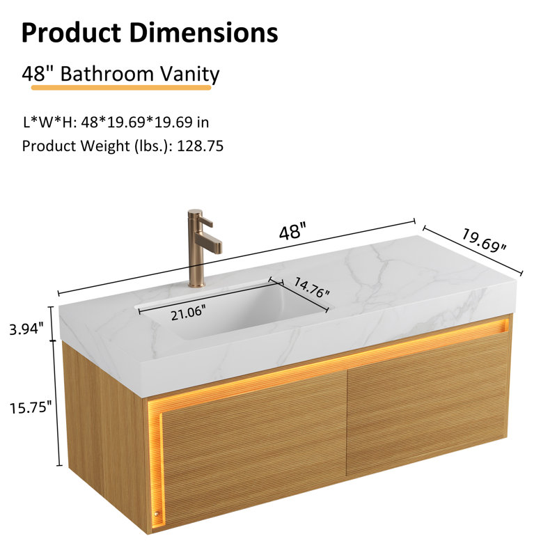 Meuble-lavabo flottant 48 po avec lavabo 48 po | Tiroirs sans poignée et capteur de lumière - Armoire de rangement moderne pour salle de bain
