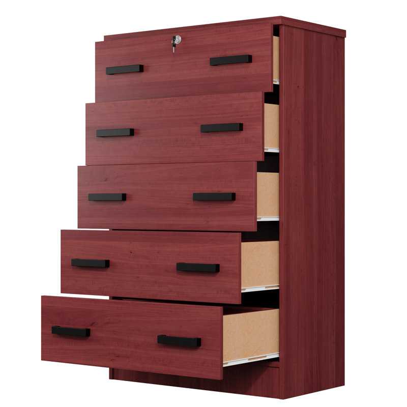 Basurto 5 Drawer Chest Wooden Dresser with Lock, Mahogany