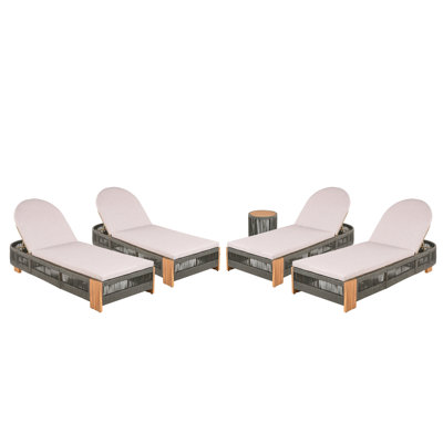Outdoor Rope Chaise Lounge  Set , Patio Lounge Chairs, Outside Poolside Lounge Furniture, Teak Look Wood Side Table And Beige Cushions, Chaise Lounge With Adjustable Backrest( Grey Rope)