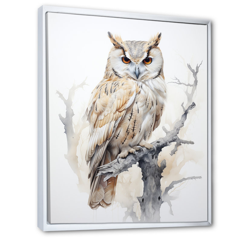 «Wise And Watchful Majestic Owl» sur impression sur toile, Cadre flottant blanc, H 32 po x l 16 po x P 1 po