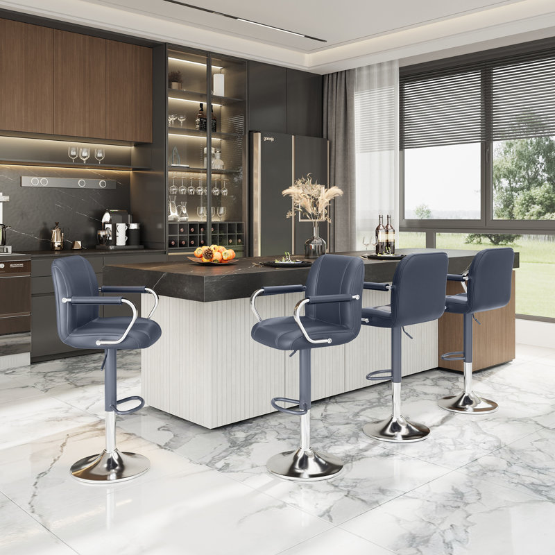 Tavion Adjustable Swivel Faux Leather Bar Stool with Armrests and Footrest, Blue