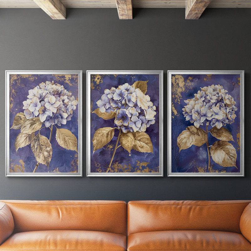FLORAL Series CCXV - Toile tendue avec châssis sur mesure - 3 pièces, Silver, 39" H x 81" W