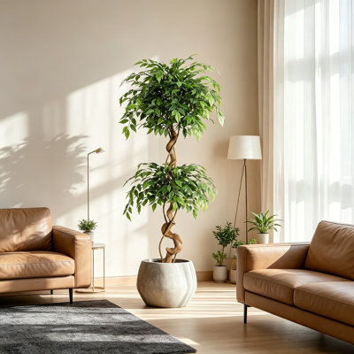 Ficus artificiel de 5 pi avec tronc courbé, plante artificielle en soie réaliste dans un pot blanc, arbre artificiel réaliste pour la décoration intérieure, bureau intérieur, salon, verdure
