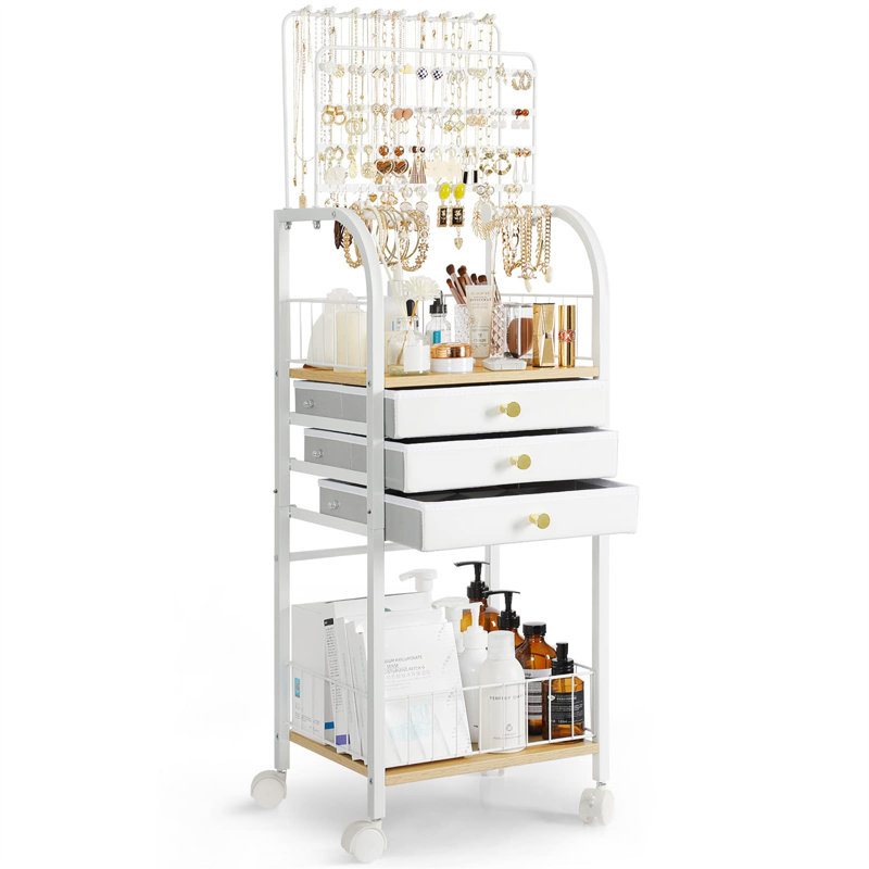 White Modern Jewellery Organizer Stand With Built-In Mirror, Ample Storage, And Creative Design, White