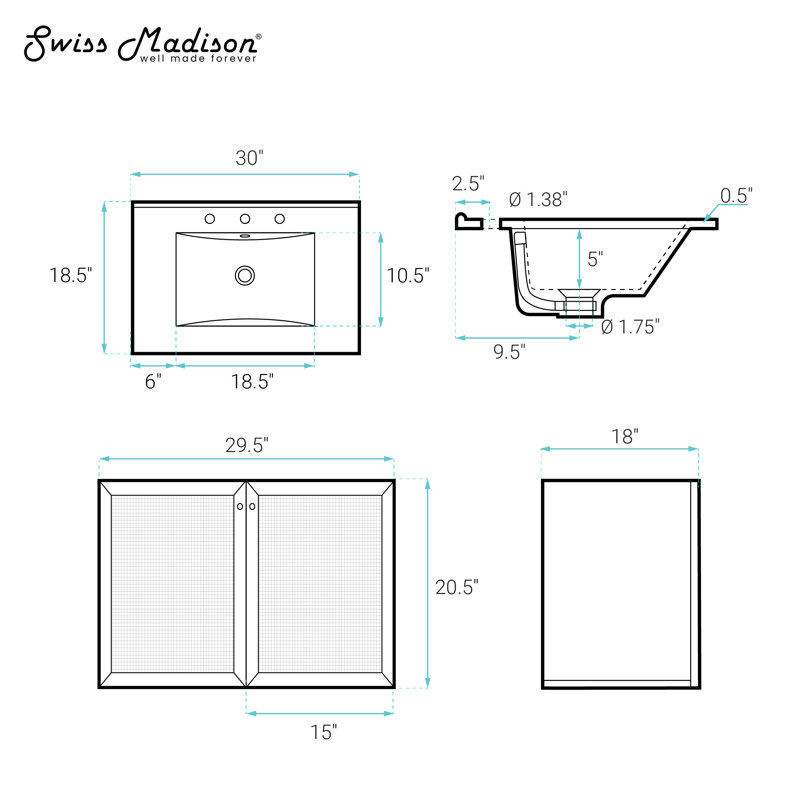 Meuble-lavabo mural 30 po en chêne blanc avec trous de robinet espacés Witkowski, 30"